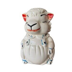 Vintage 1940's ABCO American Bisque Lamb Sheep Large Cookie Jar Overalls White